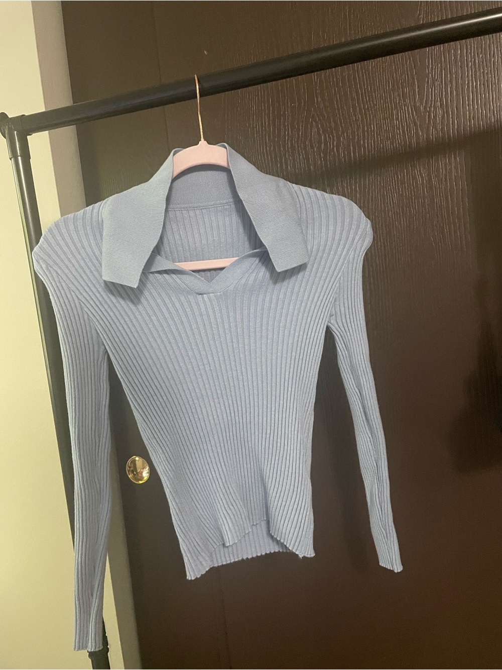 Light Blue Ribbed V-Neck Collared Sweater for Women